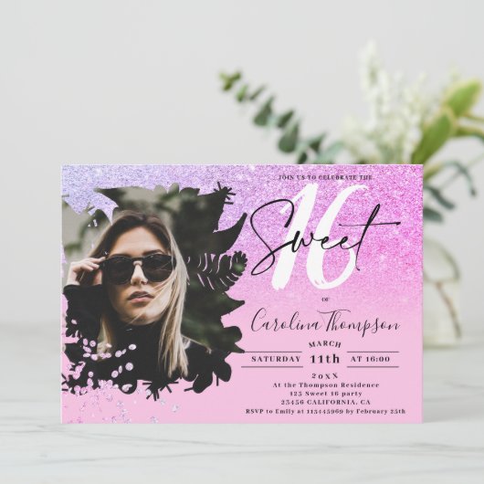 Roze glitter ombre paarse foto Sweet 16 Kaart (Staand voorkant)