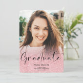 Roze glitter ombre script 4 foto's afstuderen aankondiging (Staand voorkant)