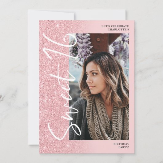 Roze glitter ombre script 4 foto's Sweet 16 Kaart (Voorkant)