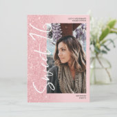 Roze glitter ombre script 4 foto's Sweet 16 Kaart (Staand voorkant)