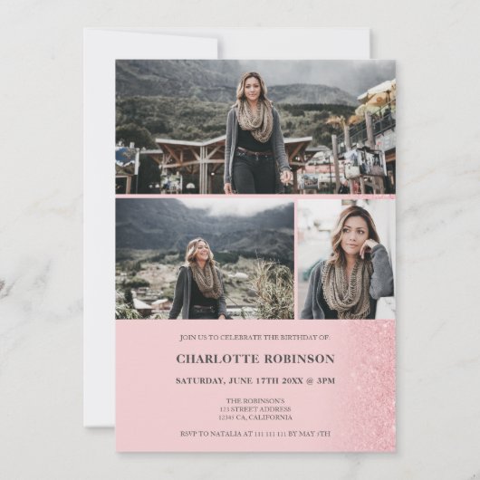 Roze glitter ombre script 4 foto's Sweet 16 Kaart (Achterkant)