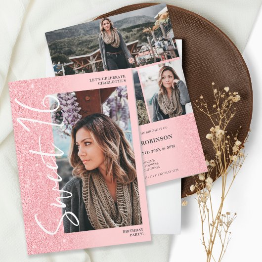 Roze glitter ombre script 4 foto's Sweet 16 Kaart