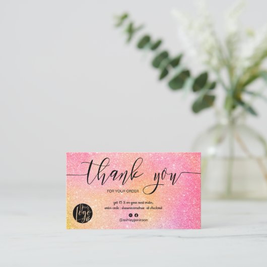 Roze glitter ombre script logo order bedankt visitekaartje (Staand voorkant)