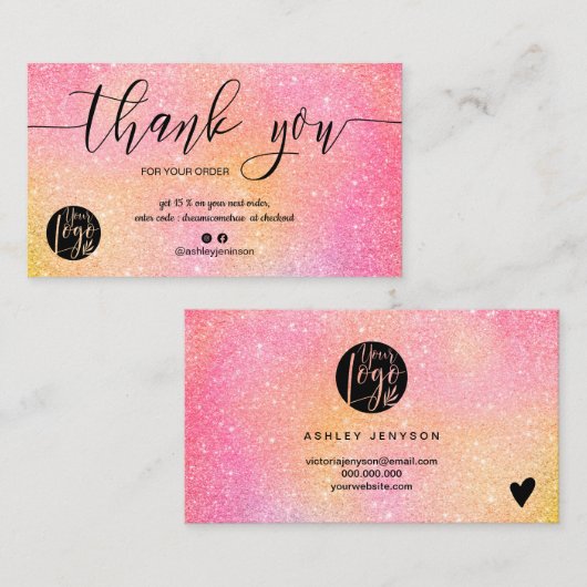 Roze glitter ombre script logo order bedankt visitekaartje (Voorkant / Achterkant)