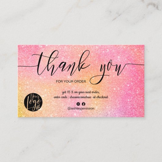 Roze glitter ombre script logo order bedankt visitekaartje (Voorkant)
