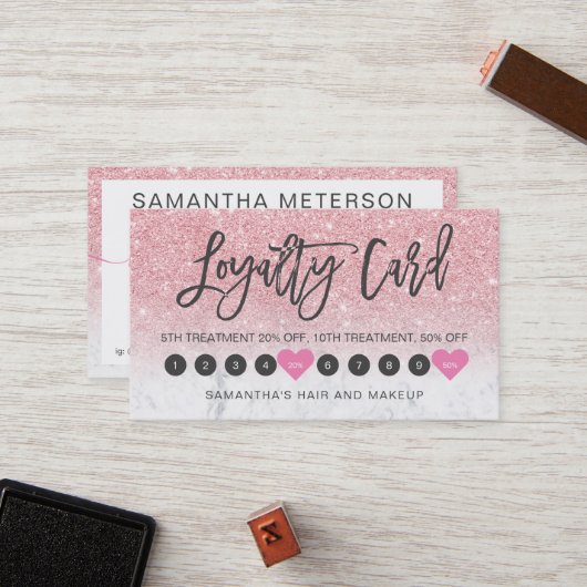 Roze glitter ombre script make-up marmer 10 klantenkaartje (Voorkant / Achterkant in situ)