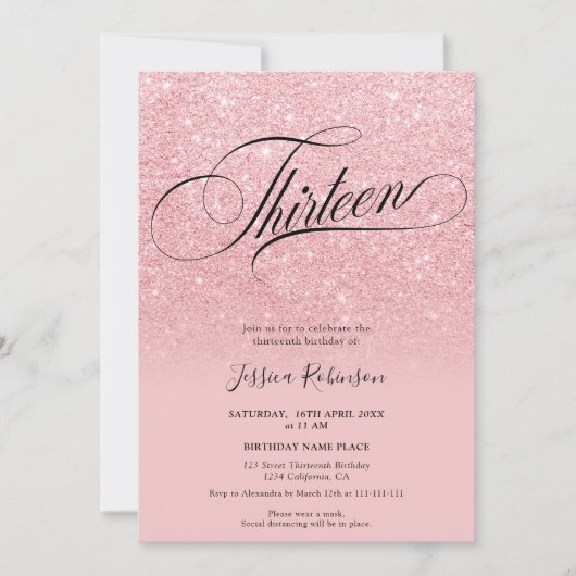 Roze glitter ombre sparkles chic script Dertien Kaart (Voorkant)