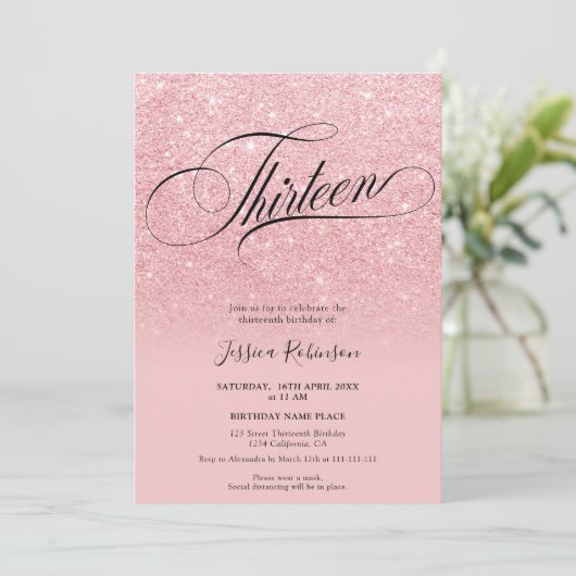 Roze glitter ombre sparkles chic script Dertien Kaart (Staand voorkant)