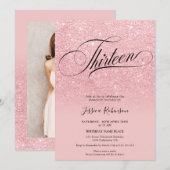 Roze glitter ombre sparkles chic script Dertien Kaart (Voorkant / Achterkant)