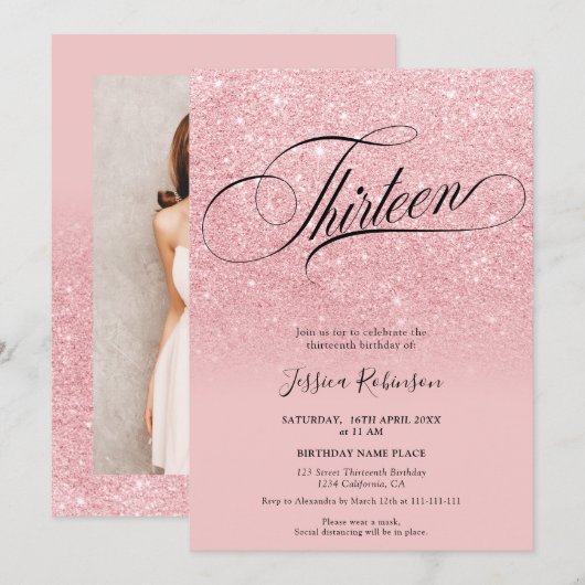 Roze glitter ombre sparkles chic script Dertien Kaart (Voorkant / Achterkant)