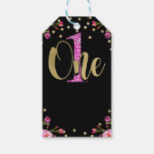 Roze Glitter ONE Black Floral 1st Birthday Party Cadeaulabel (Achterkant)