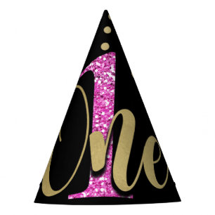 Roze Glitter ONE Black Floral 1st Birthday Party Feesthoedjes