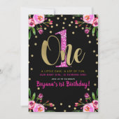 Roze Glitter ONE Black Floral 1st Birthday Party Kaart (Voorkant)