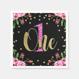 Roze Glitter ONE Black Floral 1st Birthday Party Servetten