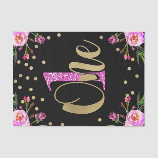 Roze Glitter ONE Black Floral 1st Birthday Party Tissuepapier (Voorkant)