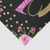 Roze Glitter ONE Black Floral 1st Birthday Party Tissuepapier (Detail)