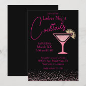 Roze Glitter op Black Ladies Night Cocktail Party Kaart (Voorkant / Achterkant)