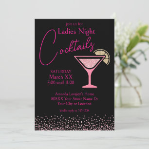 Roze Glitter op Black Ladies Night Cocktail Party Kaart