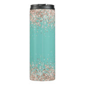 Roze glitter op blauwe groene bruidsnaam thermosbeker (Achterkant)