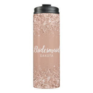 Roze glitter op de Roze Roze Bridesmaid-naam Thermosbeker