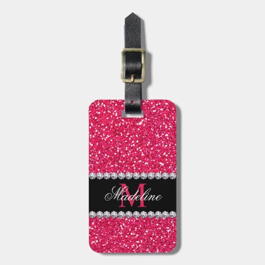 Roze glitter, op maat van naam en monogram bagagelabel (Voorkant verticaal)