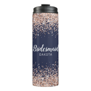 Roze glitter op Navy Blue Bridesmaid Name Thermosbeker