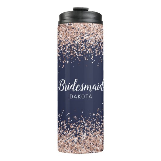 Roze glitter op Navy Blue Bridesmaid Name Thermosbeker (Voorkant)