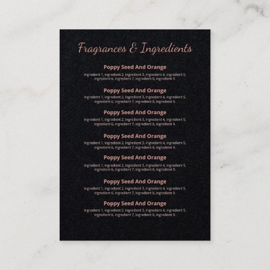 Roze glitter op zwarte fragrance Ingredients Soap Visitekaartje (Achterkant)