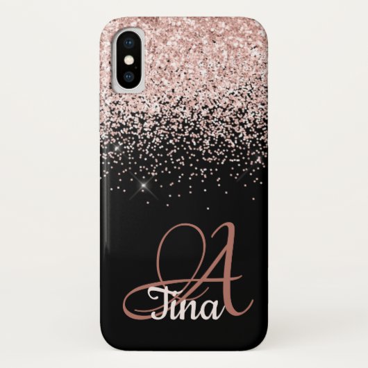 Roze glitter op zwarte monogram voornaam Case-Mate iPhone case (Achterkant)