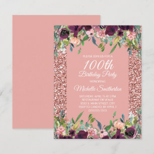 Roze Glitter Paarse Bloem 100ste Verjaardag Kaart