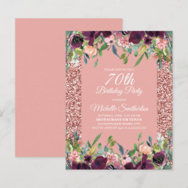 Roze Glitter Paarse Bloemige 70e Verjaardag Kaart