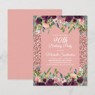 Roze Glitter Paarse Bloemige 90ste Verjaardag Kaart