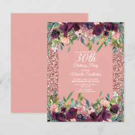 Roze Glitter Paarse Bloemige Vrouw 30e Verjaardag Kaart