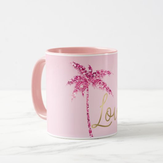 Roze Glitter Palm Tree Ombre Goud Liefde Mok (Voorkant links)