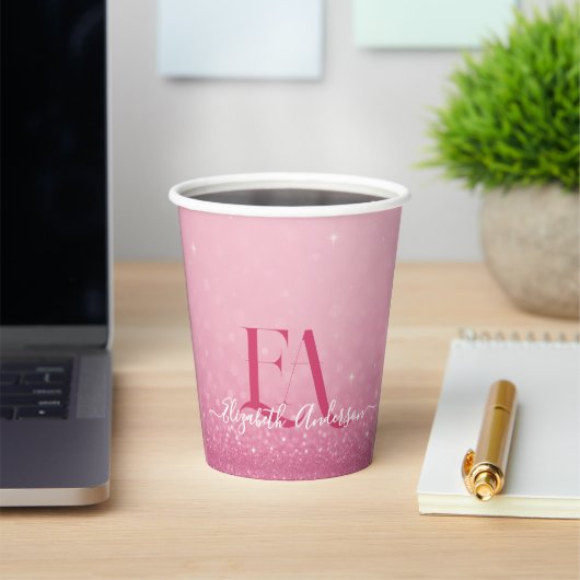 Roze Glitter Papieren Bekertje met Naam & Initiale Bekers (Insitu)