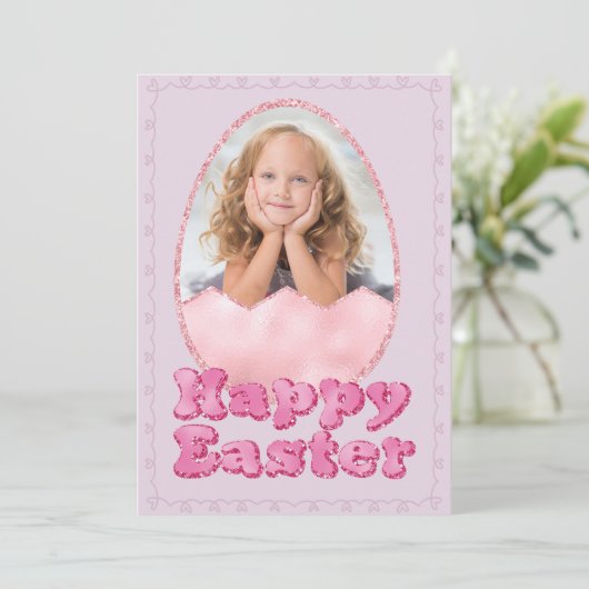 Roze Glitter Pasen Ei Custom Foto Feestdagenkaart (Staand voorkant)