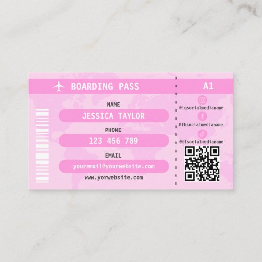 Roze Glitter Passport Wereldkaart Boarding Pass Visitekaartje (Achterkant)