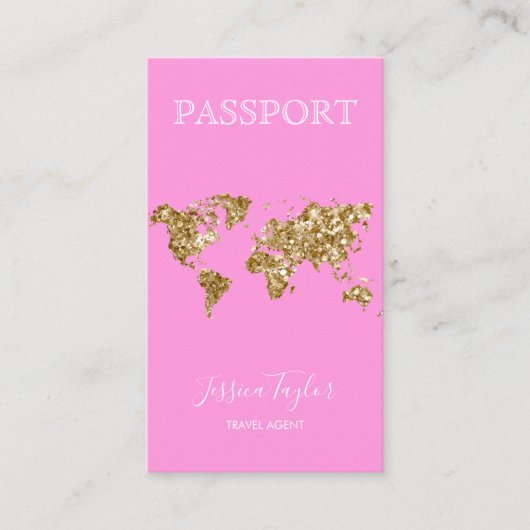 Roze Glitter Passport Wereldkaart Boarding Pass Visitekaartje (Voorkant)