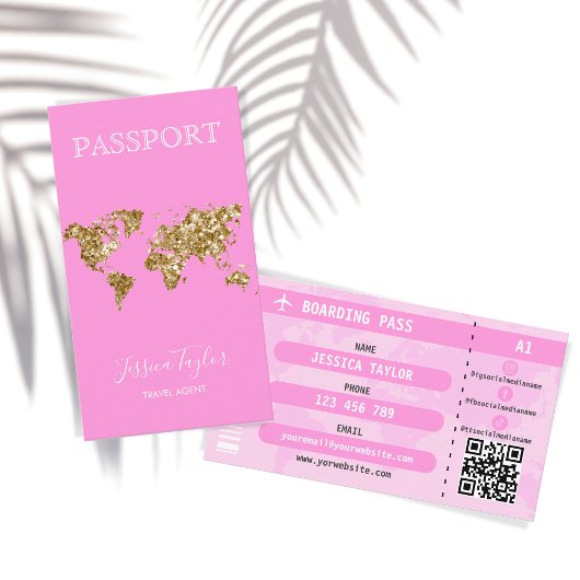 Roze Glitter Passport Wereldkaart Boarding Pass Visitekaartje