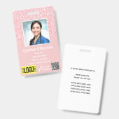 Roze Glitter Personeelsfoto ID QR Barcode Badge (Voor- en achterkant)