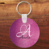 Roze Glitter Persoonlijke naam & monogram Sleutelh Sleutelhanger (Voorkant)