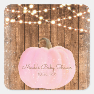 Roze Glitter Pompoen Herfst Roestig Houten Lichtje Vierkante Sticker