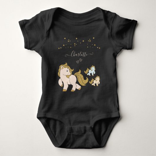 Roze Glitter Ponies met Gold Stars Voornaam Romper (Voorkant)