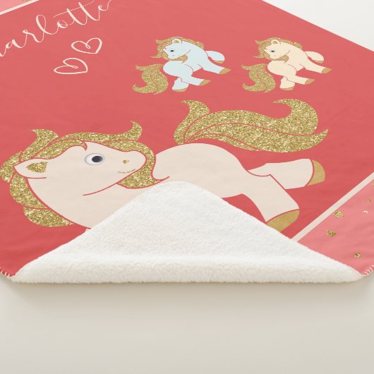 Roze Glitter Ponies met voornaam Baby Girl Sherpa Deken (3/4)