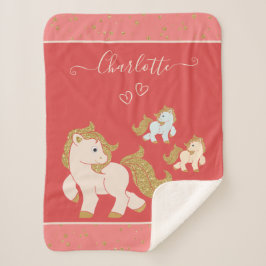 Roze Glitter Ponies met voornaam Baby Girl Sherpa Deken