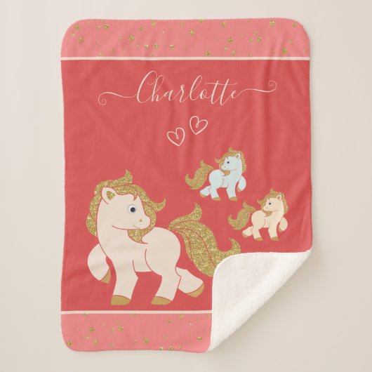 Roze Glitter Ponies met voornaam Baby Girl Sherpa Deken (Voorkant)