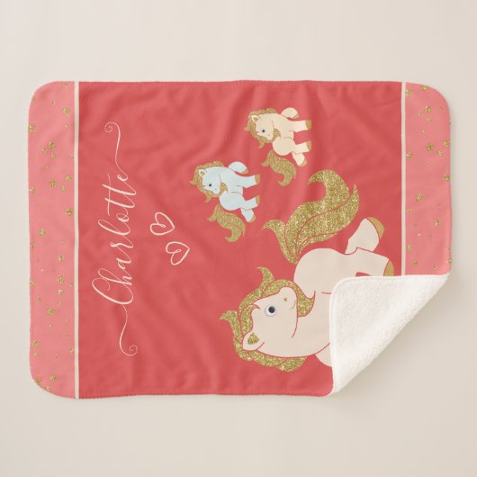 Roze Glitter Ponies met voornaam Baby Girl Sherpa Deken (Voorkant (horizontaal))