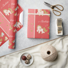 Roze Glitter Ponies met voornaam Little Girl Cadeaupapier