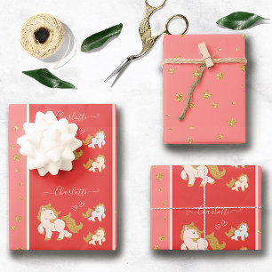 Roze Glitter Ponies met voornaam Little Girl Inpakpapier Vel