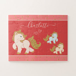 Roze Glitter Ponies met voornaam Little Girl Legpuzzel